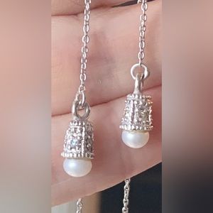 Silver Threader Earrings With Pearl & 4 Tiny Stones